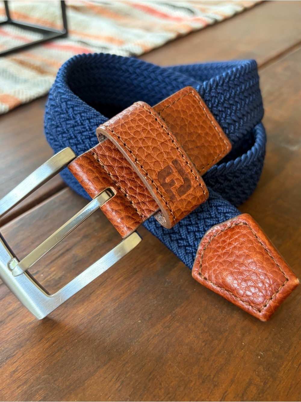 FootJoy Men's Navy Braided Stretch Belt Leather Trim 36-40” Measures 45.5”x1.25”